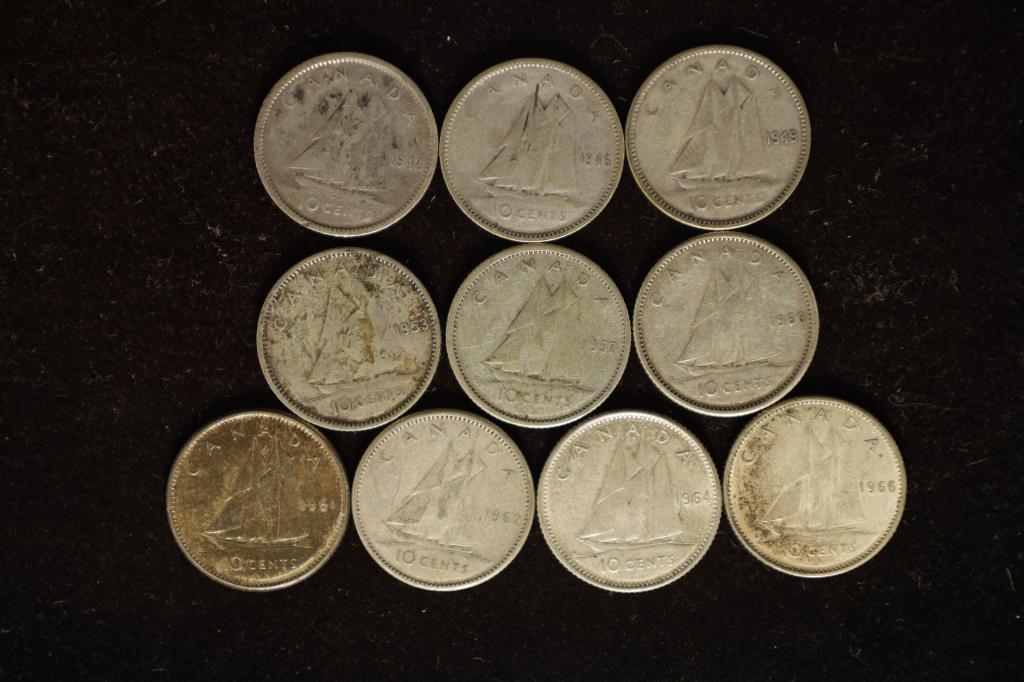 10 ASSORTED CANADA SILVER 10 CENT COINS 1942-1966 (1 of 2)