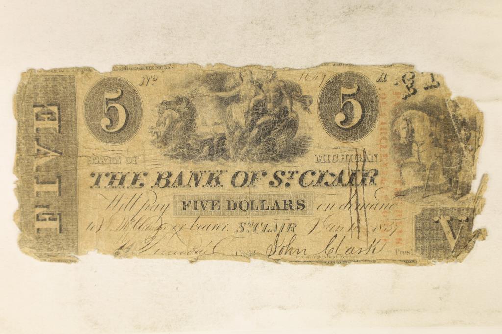 1837 BANK OF ST. CLAIR MICHIGAN $5 OBSOLETE BANK: NOTE, HAND SIGNED AND NUMBERED, RAGGY
