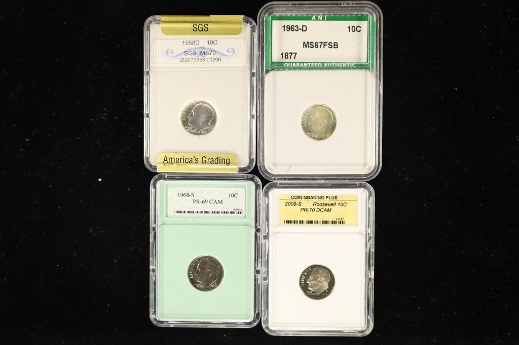 4 SLABBED ROOSEVELT DIMES: 1958-D SILVER MS70, (1 of 2)