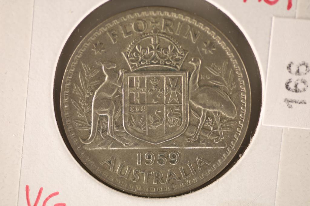 1959 AUSTRALIA SILVER ONE FLORIN COIN .1806 OZ.: ASW