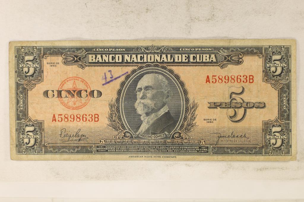 1-1950 BANK OF CUBA 5 PESO BILL WITH INK ON IT: OUR NEXT AUCTION IS ON MON. NOV. 14TH, 2022 AT 7 PM EST