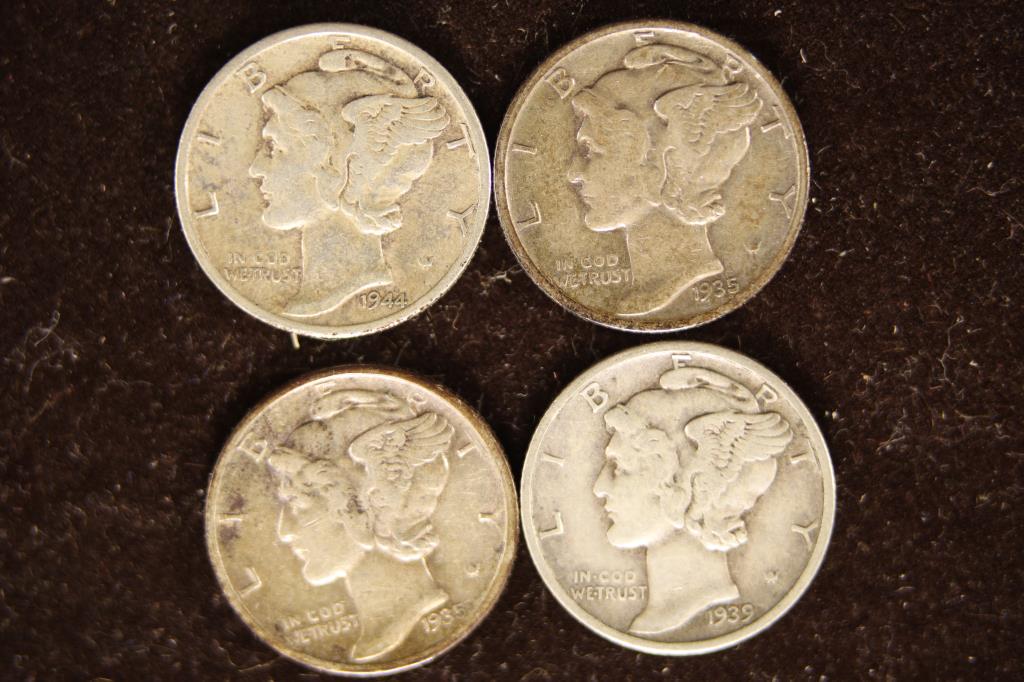 1935-D, 1935-S, 1939-D & 1944-D SILV MERCURY DIMES: WATCH FOR OUR NEXT AUCTION ON MON. NOV. 21ST, 2022 AT 7 PM EST