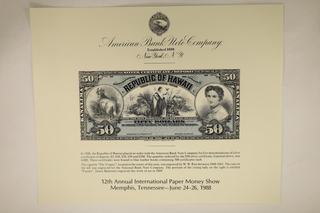 12TH ANNUAL INTERNATIONAL PAPER MONEY SHOW: MEMPHIS, TENNESSEE SOUVENIR CARD WITH INTAGLIO PRINTING FACE OF A HAWAII $50 SILVER CERTIFICATE PRINTED BY THE AMERICAN BANK NOTE COMPANY