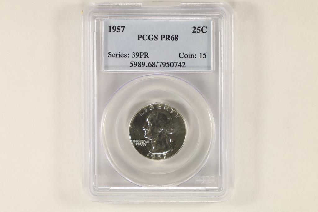 1957 WASHINGTON SILVER QUARTER PCGS PR68 (1 of 2)