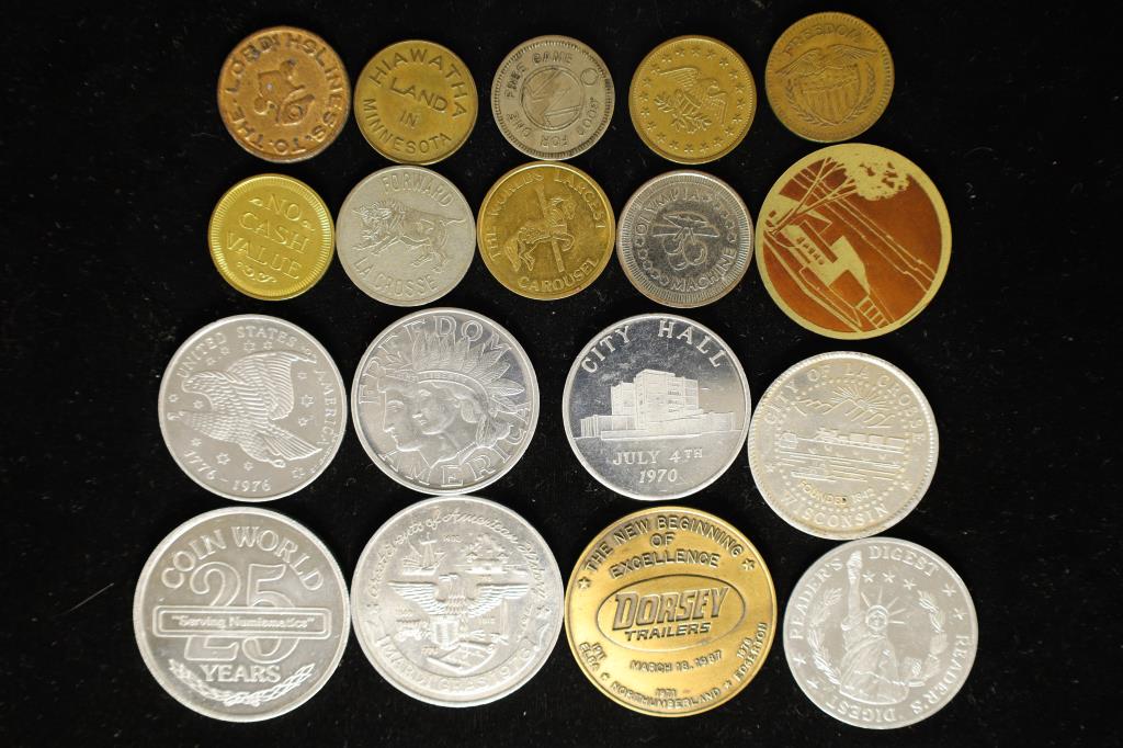 18 ASSORTED VINTAGE METAL TOKENS (1 of 2)