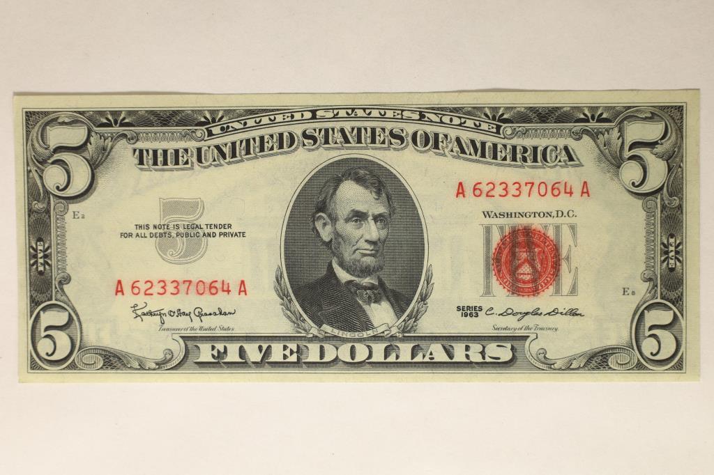 1963 US $5 RED SEAL NOTE CRISP UNC, REAL NICE BILL (1 of 2)