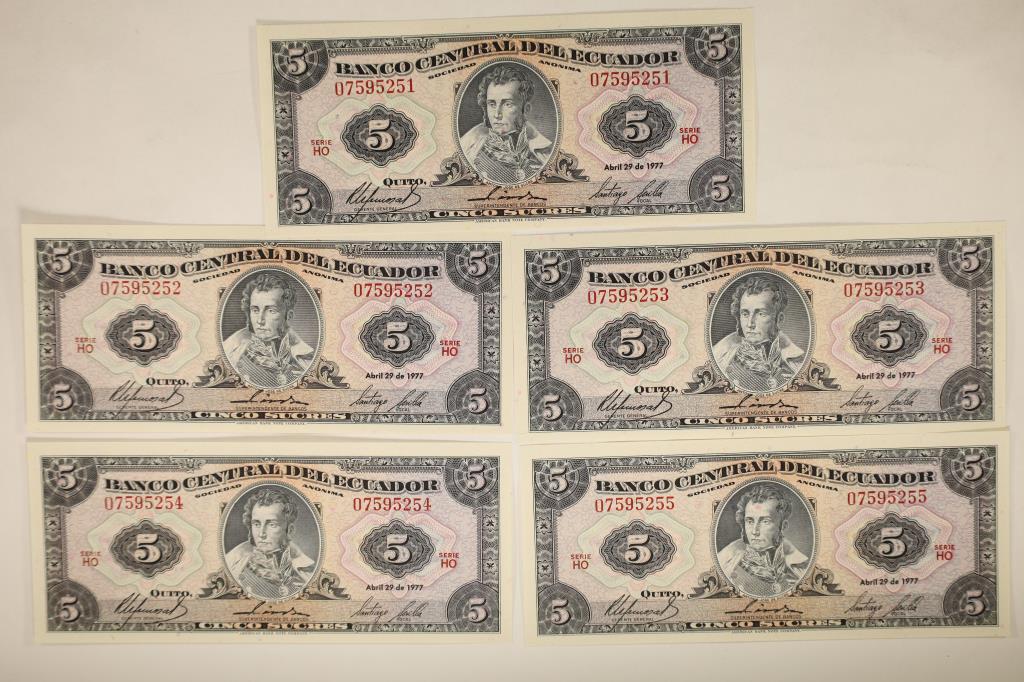 5-1977 BANK OF ECUADOR 5 SUCRES BILLS CRISP UNC (1 of 2)