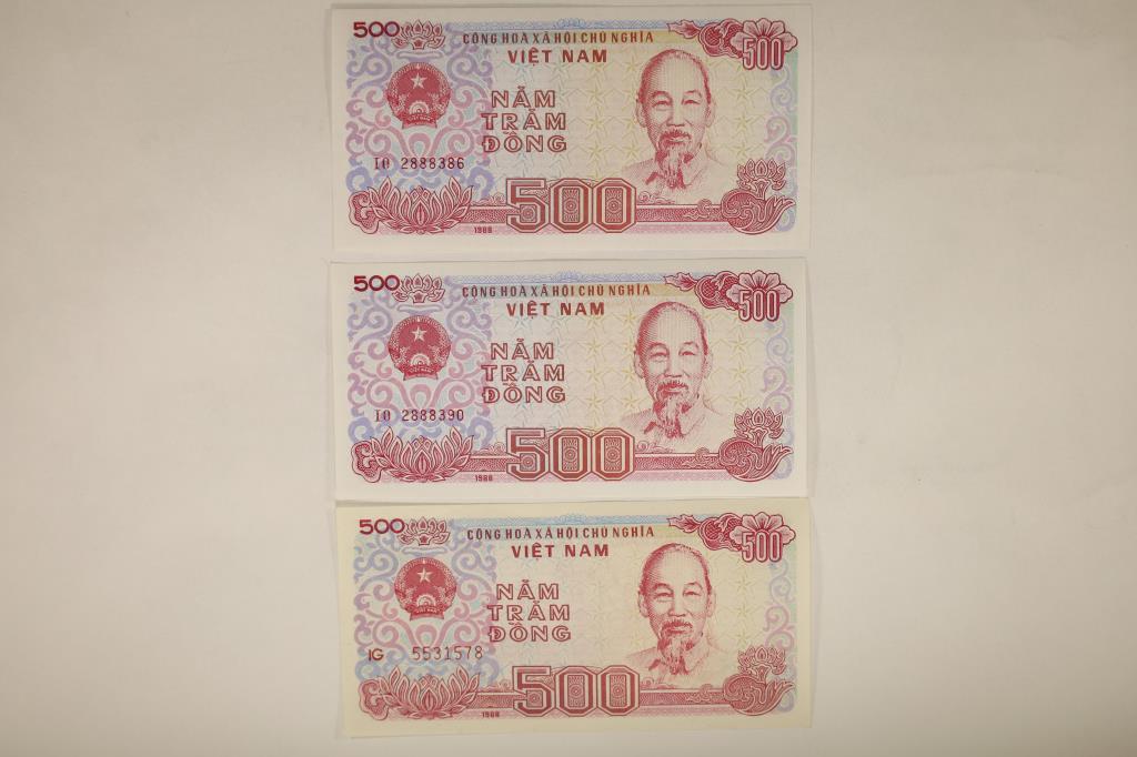 3-1988 VIETNAM 500 DONG CRISP UNC BILLS: WATCH FOR OUR NEXT AUCTION ON MON. DEC. 5TH, 2022 AT 7 PM EST