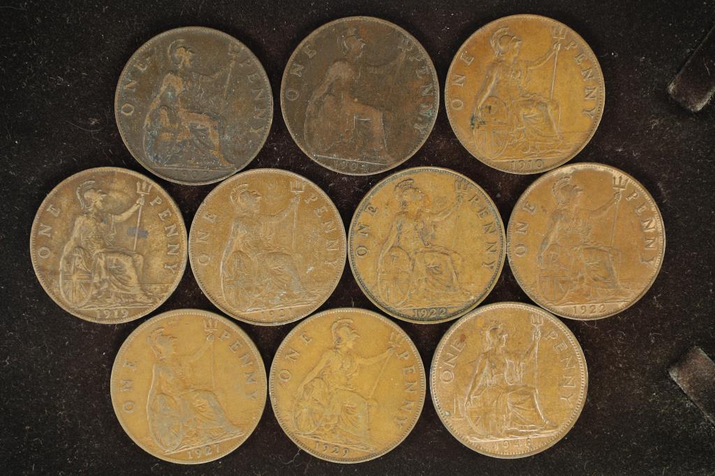 10-GREAT BRITIAN LARGE PENNIES 1902-1948: MAY NOT CONTAIN ALL DATES AND MAY HAVE DUPLICATES