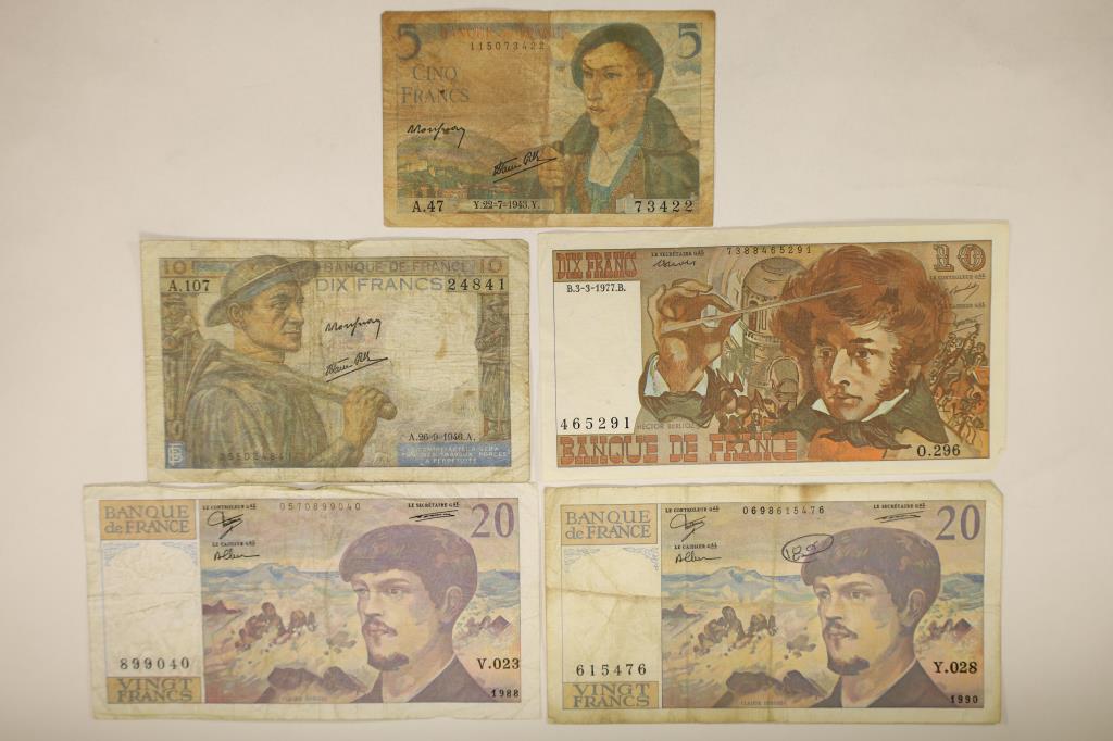 5-FRANCE BILLS 1943-5 FRANCS, 1946-10 FRANCS, 1977: 10 FRANCS (SMALL TEAR BOTTOM RT. CORNER), 1988-20 FRANCS AND 1990-20 FRANCS (WRITING OF FACE OF BILL)