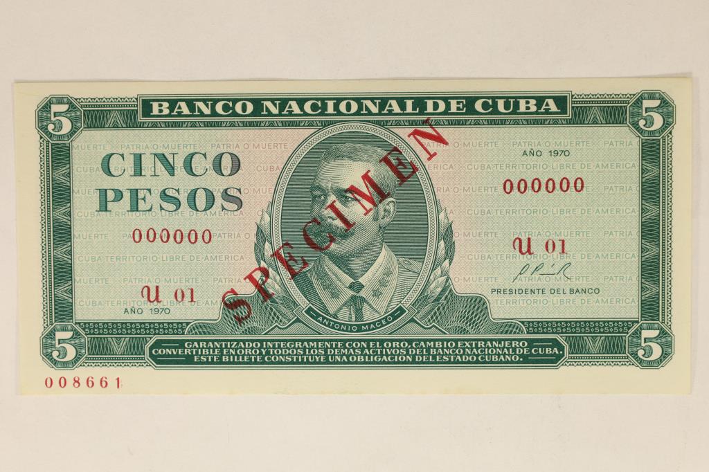 1970 BANK OF CUBA 5 PESO SPECIMEN BILL CRISP UNC: WATCH FOR OUR NEXT AUCTION ON MON. DEC. 5TH, 2022 AT 7 PM EST