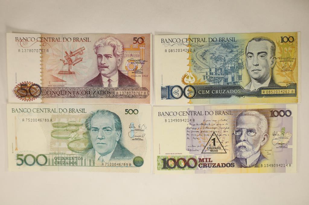 4-CENTRAL BANK OF BRAZIL CRISP UNC BILLS: 50: CRUZADOS, 100 CRUZADOS, 500 CRUZADOS AND 1000 CRUZADOS