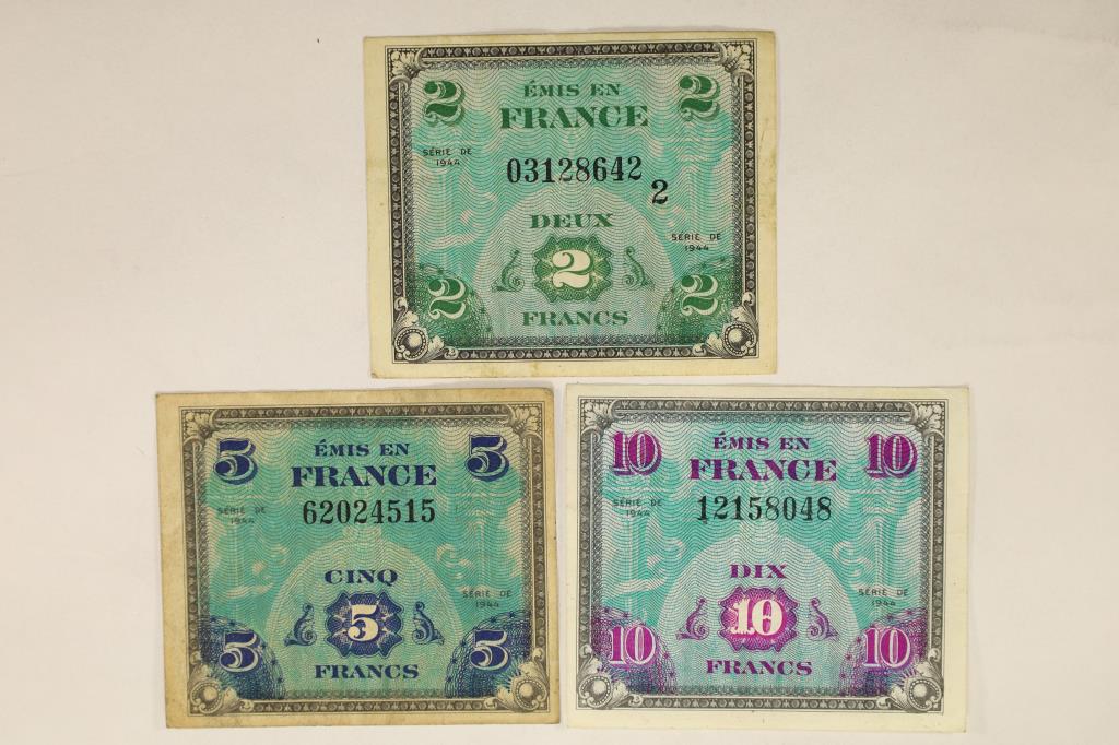 3-1944 FRANCE MILITARY PAYMENT CERTIFICATES 2: FRANCS, 5 FRANCS AND 10 FRANCS