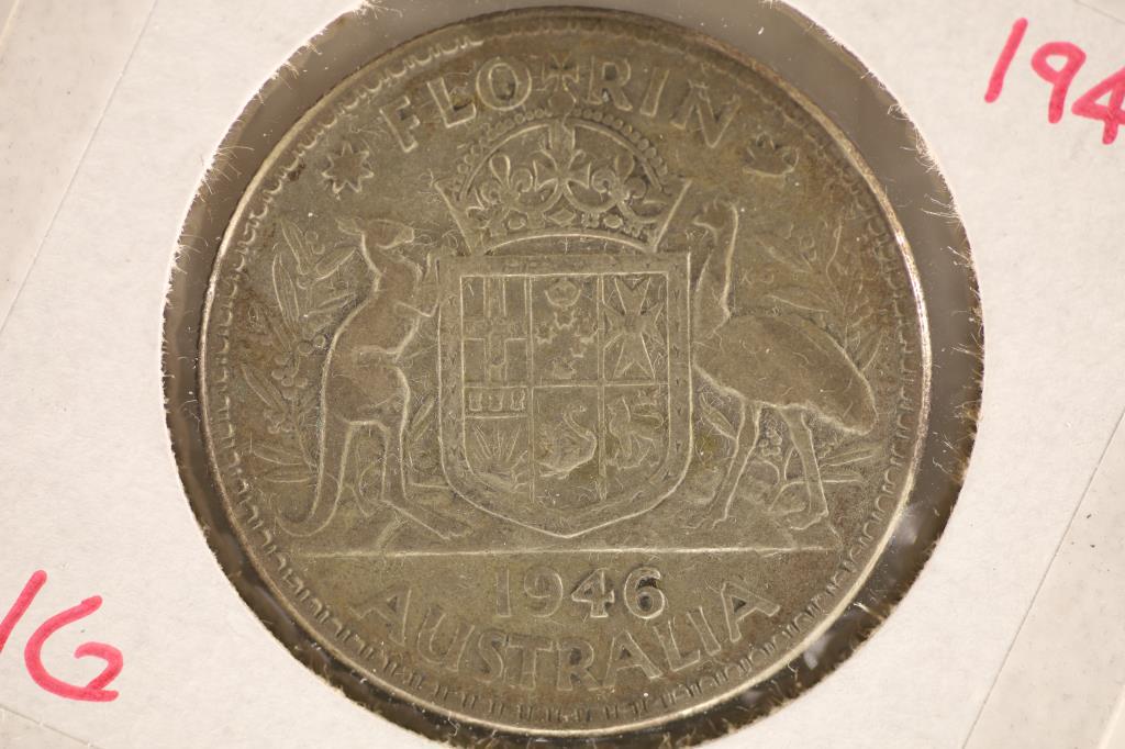 1946 AUSTRALIA SILVER FLORIN COIN .1818 OZ. ASW: PLEASE WATCH FOR OUR NEXT AUCTION ON MON. DEC. 12TH, 2022 AT 7 PM EST