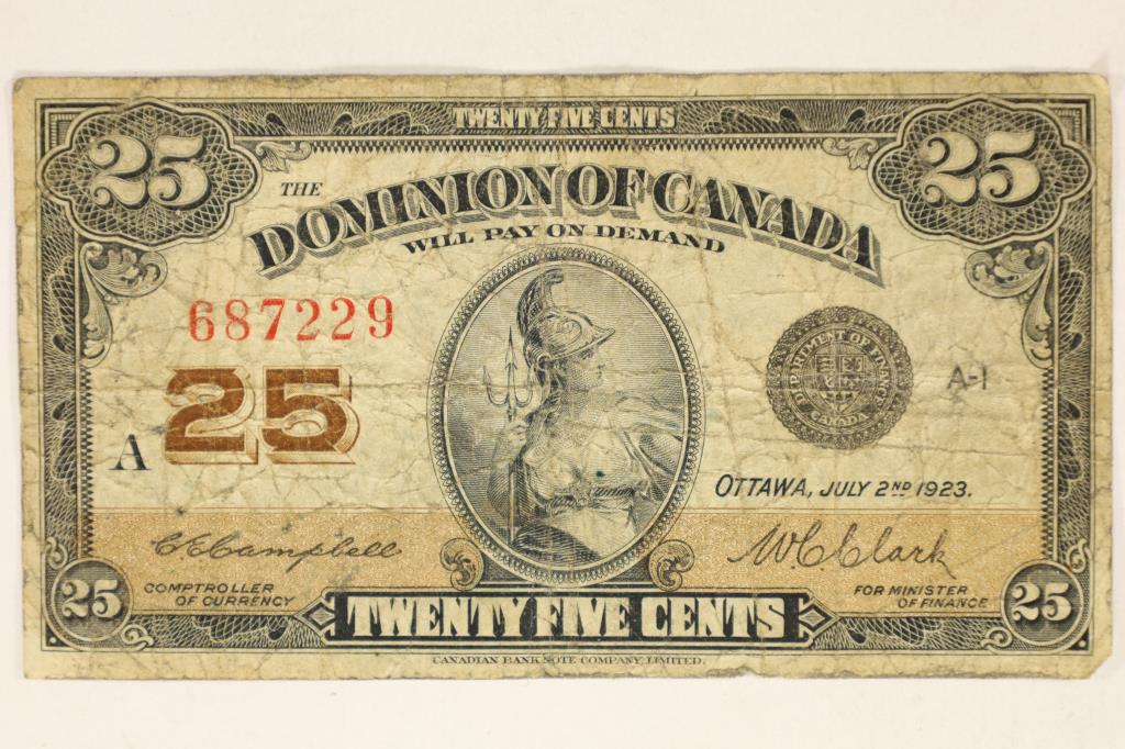 1923 DOMINION OF CANADA 25 CENT FRACTIONAL BILL: PLEASE WATCH FOR OUR NEXT AUCTION ON MON. DEC. 12TH, 2022 AT 7 PM EST