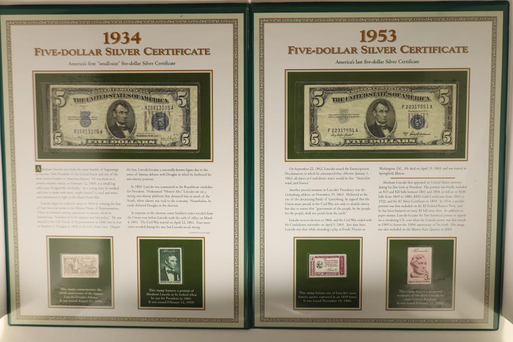 1934-D & 1953-A $5 BLUE SEAL SILVER CERTS AND: STAMPS IN NICE INFO GREEN FOLIO FROM THE POSTAL COMMEMORATIVE SOCIETY