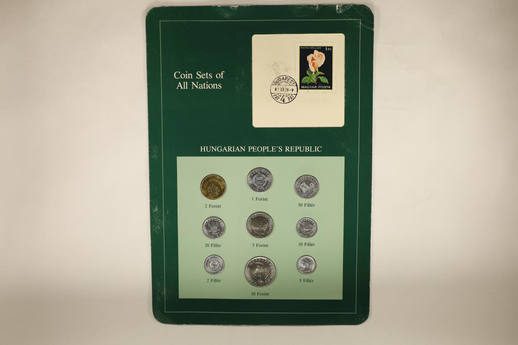 COIN SETS OF ALL NATIONS HUNGARIAN PEOPLES REPUBLC: 9 COIN UNC SET WITH CANCELLED STAMP ON GREEN CARD