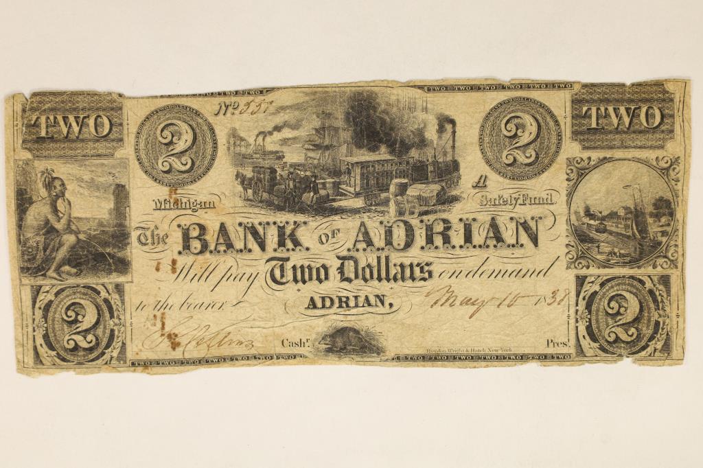 1838 BANK OF ADRIAN MICHIGAN $2 OBSOLETE BANK NOTE (1 of 2)