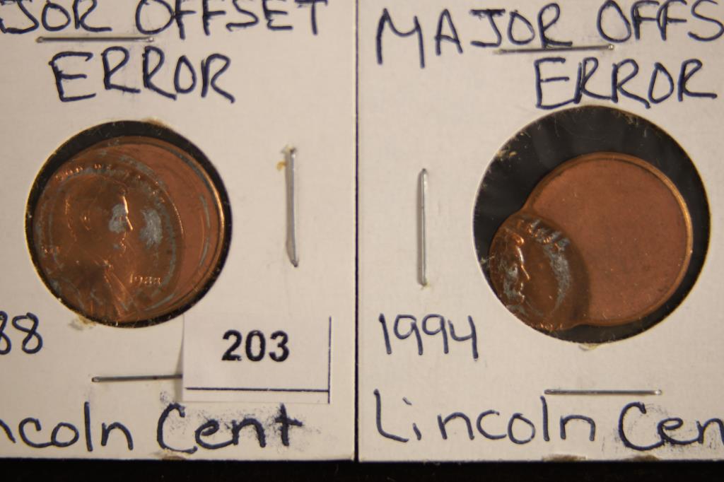2 OFFSET ERRORS ON LINCOLN CENTS. BU. 1988 &1994 (1 of 2)