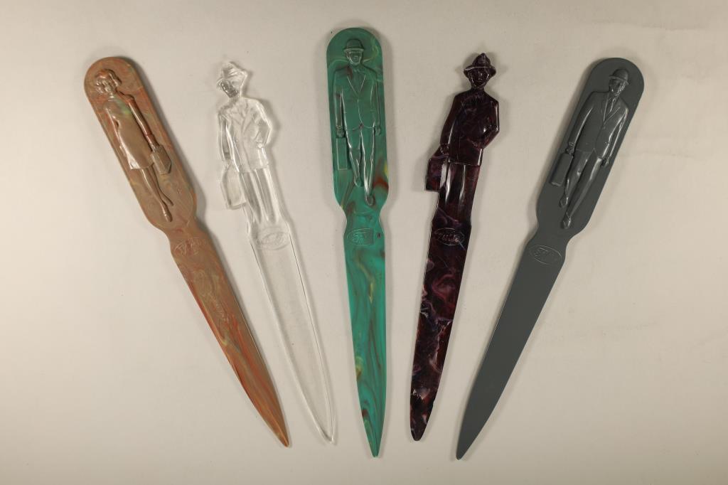 5- 7 1/2'' BAKELITE / PLASTIC FULLER BRUSH COMPANY: LETTER OPENERS, ALL DIFFERENT COLORS, 4 MEN AND 1 WOMAN