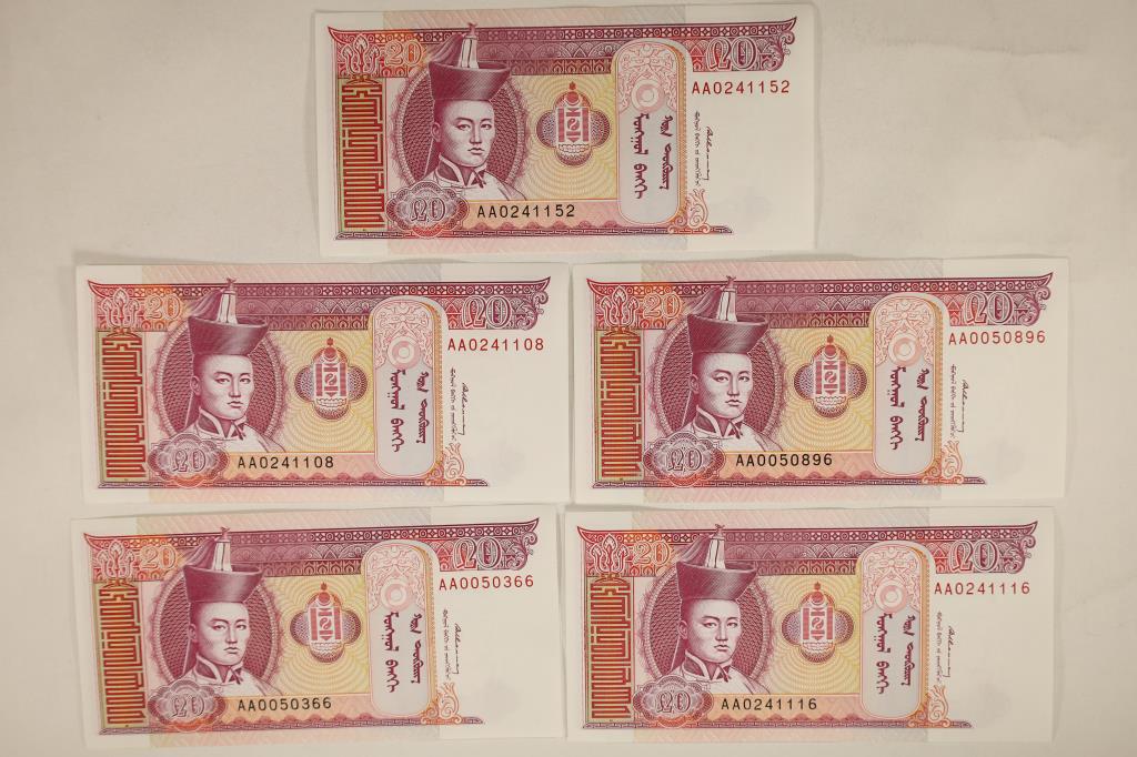 5-MONGOLIA 20 TOGROG CRISP UNC BILLS: WATCH FOR OUR NEXT AUCTION ON MON. DEC. 19TH, 2022 AT 7 PM EST.