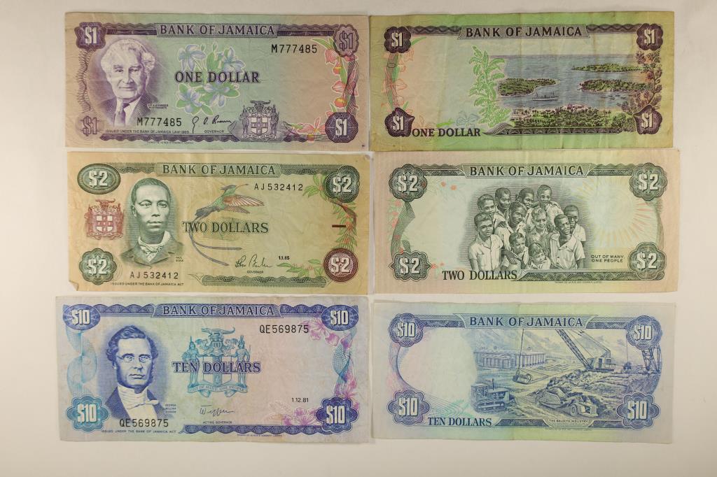 6 BANK OF JAMAICA BILLS, 2-$1, 2-$2 & 2-$10: WATCH FOR OUR NEXT AUCTION ON MON. DEC. 26TH, 2022 AT 7 PM EST