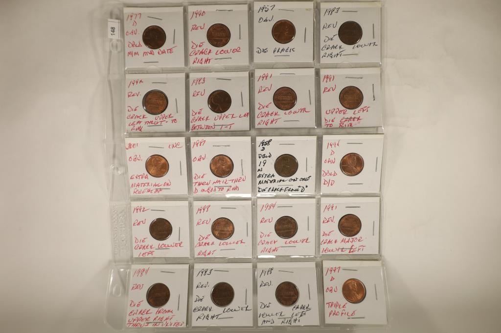20 ASSORTED 1957-2001 LINCOLN CENTS WITH ERRORS (1 of 2)