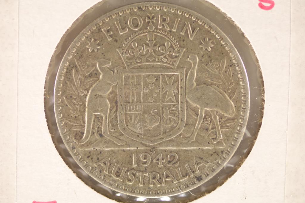 1942-S AUSTRALIA SILVER 1 FLORIN COIN .3364 OZ ASW: WATCH FOR OUR NEXT AUCTION ON MON. DEC. 26TH, 2022 AT 7 PM EST