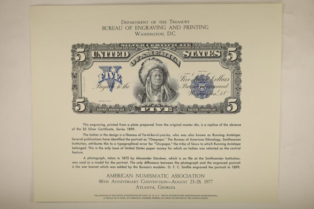 ANA 1977 ATLANTA GEORGIA SOUVENIR CARD FEATURING: AN ENGRAVING OF THE OBVERSE OF A 1899 SERIES US $5 SILVER CERTIFICATE. PRINTED BY THE BUREAU OF ENGRAVING AND PRINTING