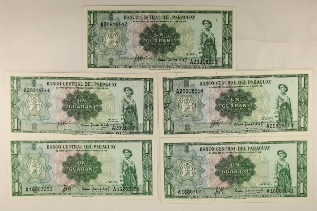 5 PARAGUAY CRISP UNC 1 GUARANI BILLS. 2 HAVE (1 of 2)