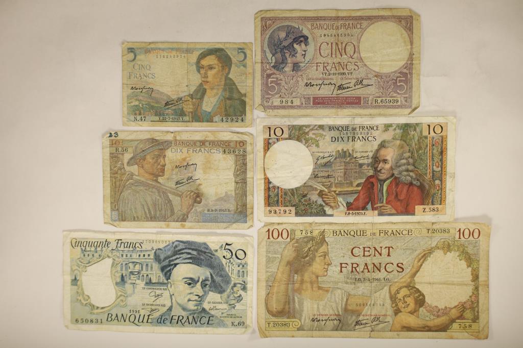 6-FRANCE BILLS: 1943-5 FRANCS, 1939-5 FRANCS, 1943: 10 FRANCS, 1970-10 FRANCS, 1991-50 FRANCS AND 1941-100 FRANCS