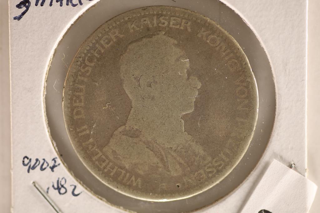 1913 PRUSSIA GERMAN SILVER 3 MARK COIN .48 OZ. ASW: WATCH FOR OUR NEXT AUCTION ON MON. JAN. 2ND, 2023 AT 7 PM EST