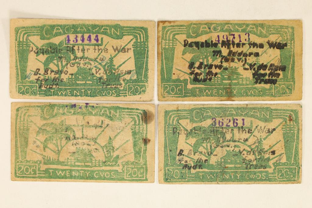 4-CAGAYAN 20 CENTAVO NOTES PAYABLE AFTER THE WAR: WATCH FOR OUR NEXT AUCTION ON MON. JAN. 2ND, 2023 AT 7 PM EST
