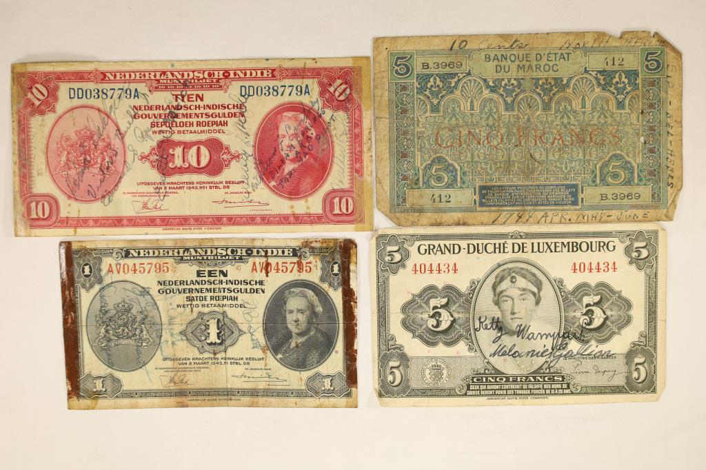 4-SHORT SNORTERS: NETHERLANDS 1 GULDEN, NETHERLAND: 10 GULDEN, LUXEMBOURG 5 FRANCS AND MAROC 5 FRANCS. ALL WITH SIGNATURES. 1 HAS TAPE MARKS