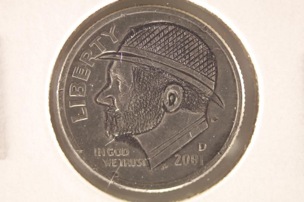 HOBO DIME ON A 2001-D ROOSEVELT DIME BRILLIANT UNC: NEAT PIECE HAND ENGRAVED, USUALLY DO NOT SEE DIMES DONE UP