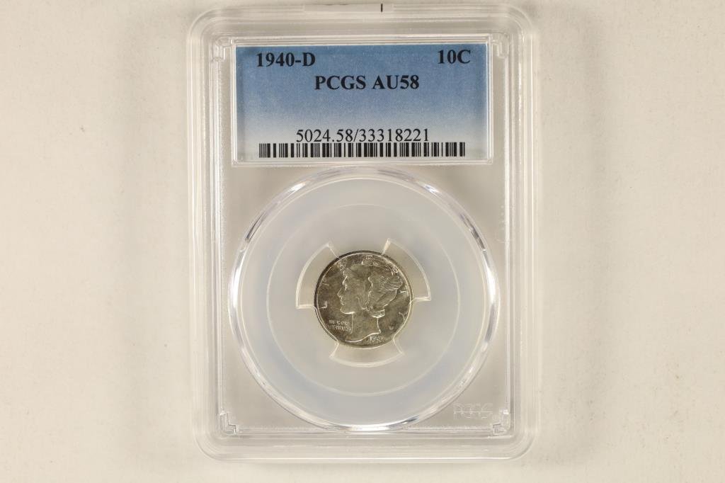 1940-D SILVER MERCURY DIME PCGS AU58: WATCH FOR OUR NEXT AUCTION ON MON. JAN. 9TH, 2023 AT 7 PM EST