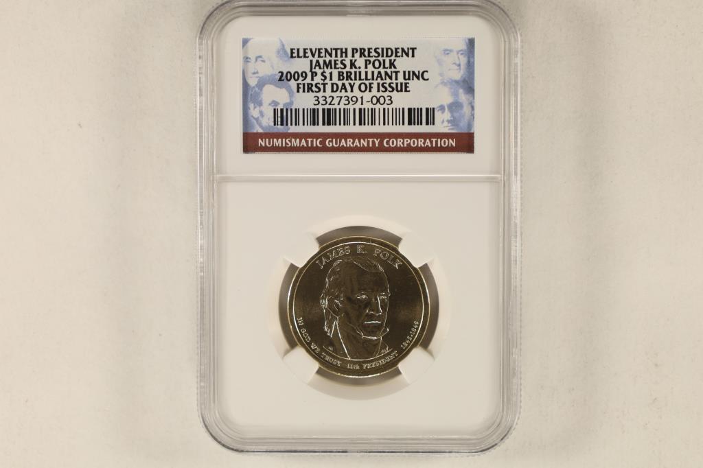 2009-P PRESIDENTIAL DOLLAR NGC 1ST DAY ISSUE BU: 11TH PRESIDENT JAMES K. POLK