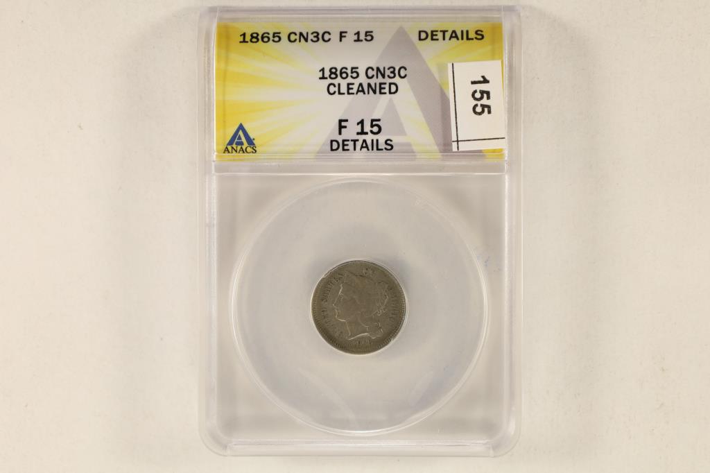 1865 THREE CENT PIECE (NICKEL) ANACS F15 DETAILS (1 of 2)