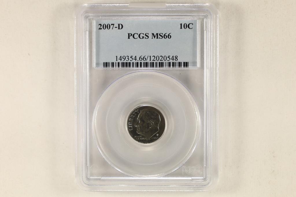 2007-D ROOSEVELT DIME PCGS MS66: WATCH FOR OUR NEXT AUCTION ON MON. JAN. 23RD, 2023.