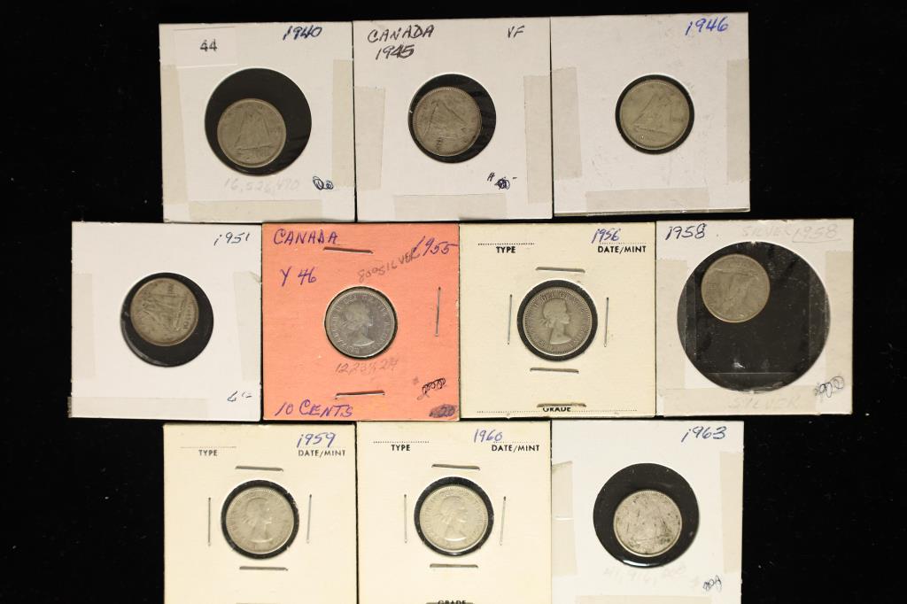 10 CANADA SILVER 10 CENTS COINS. 1940-1963 (1 of 2)