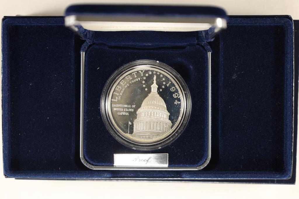 1994-S SILVER $1 "BICENTENNIAL OF THE US CAPITOL": PROOF IN ORIGINAL US MINT PACKAGING WITH CERT