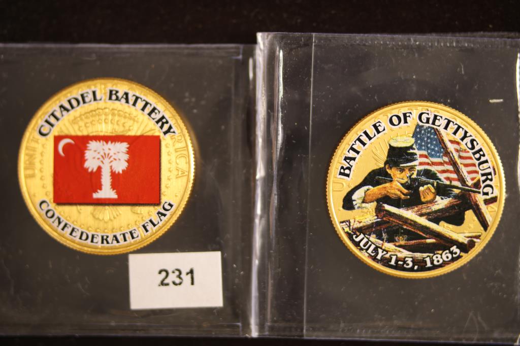 2-GOLD PLATED COLORIZED KENNEDY HALF DOLLARS BU: CITALDEL BATTERY, CONFEDERATE FLAG AND "BATTLE OF GETTYSBURG"