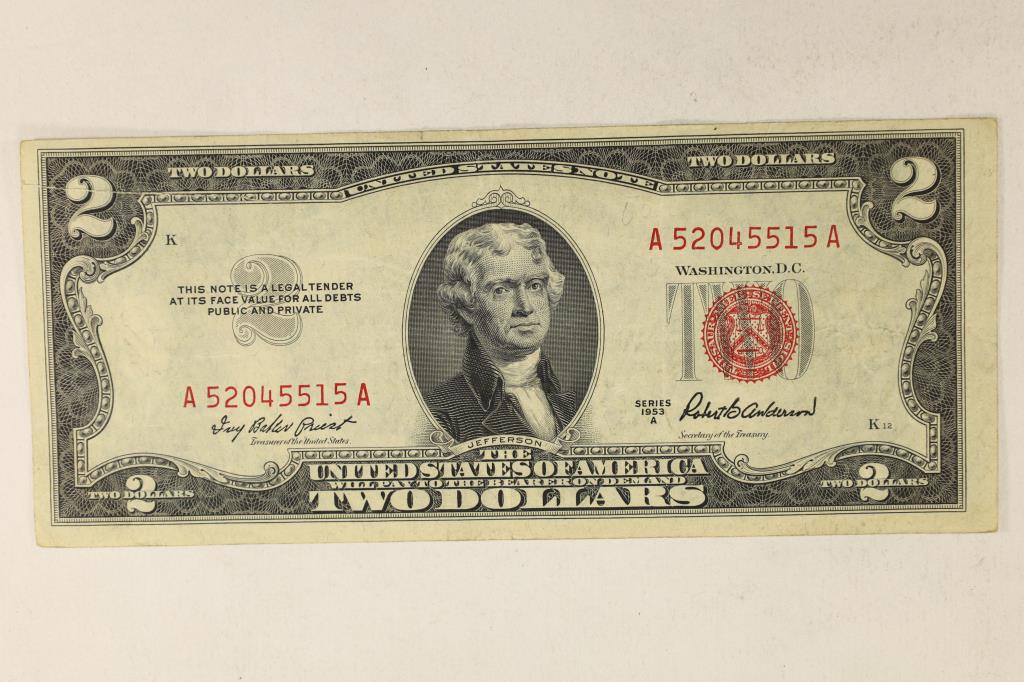 1953-A US $2 NOTE, RED SEAL SMALL PIN HOLES (1 of 2)