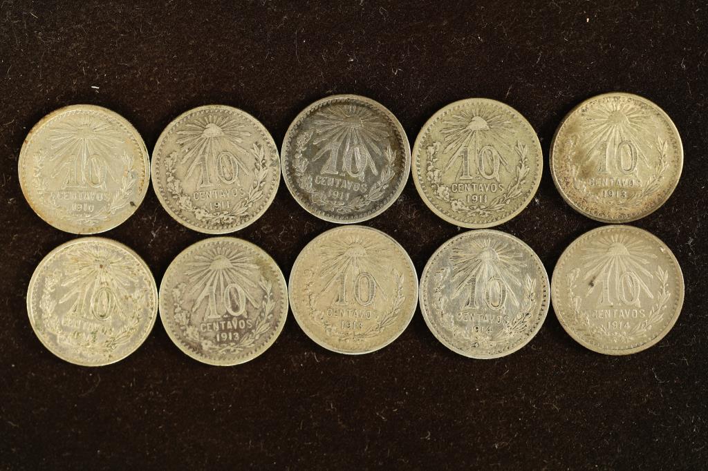 10 ASSORATED CAP & RAY SILVER MEXICO CENTAVOS (1 of 2)