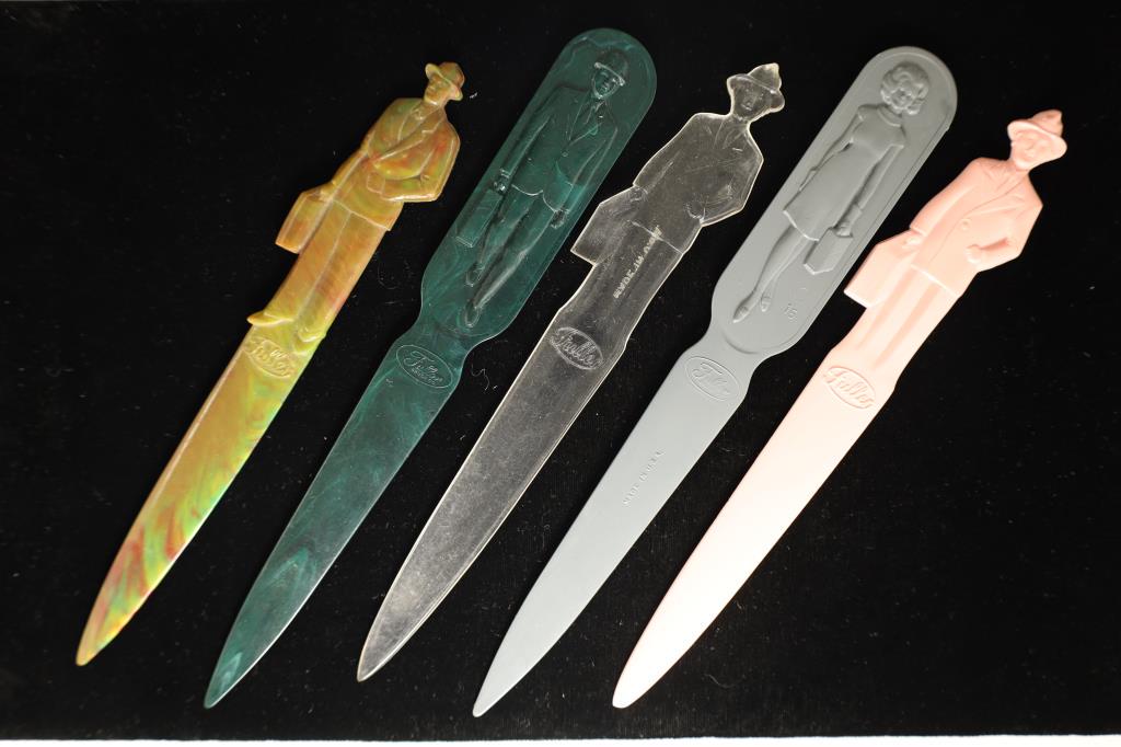 5- 7 1/2'' BAKELITE / PLASTIC FULLER BRUSH COMPANY: LETTER OPENERS, ALL DIFFERENT COLORS, 4 MEN AND 1 WOMAN