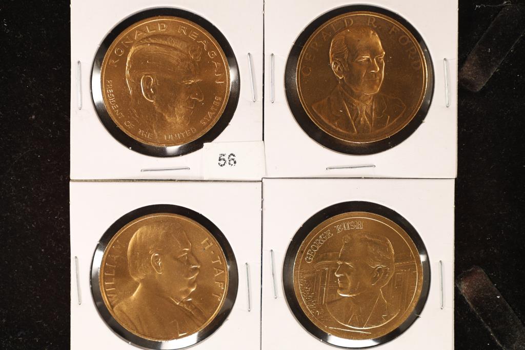 4 - 1 1/2" BRILLIANT UNC PRESIDENTIAL ROUNDS:: RONALD REAGAN, WILLIAM H. TAFT, GEORGE BUSH AND GERALD FORD