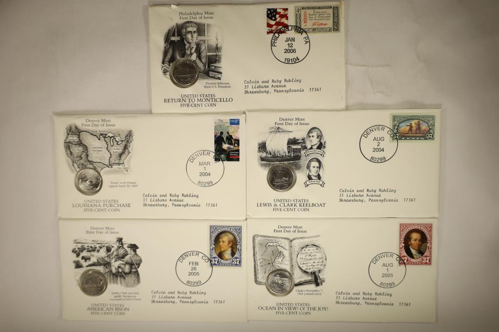 5- FIRST DAY COVER NICKEL ENVELOPES WITH CANCELLED: STAMPS. ALL BRILLIANT UNC. 2004-D LOUISIANA PURCHASE, 2004-D LEWIS & CLARK KEELBOAT, 2005-D AMERICAN BISON, 2005-D OCEAN IN VIEW & 2006-P RETURN TO MONTICELLO