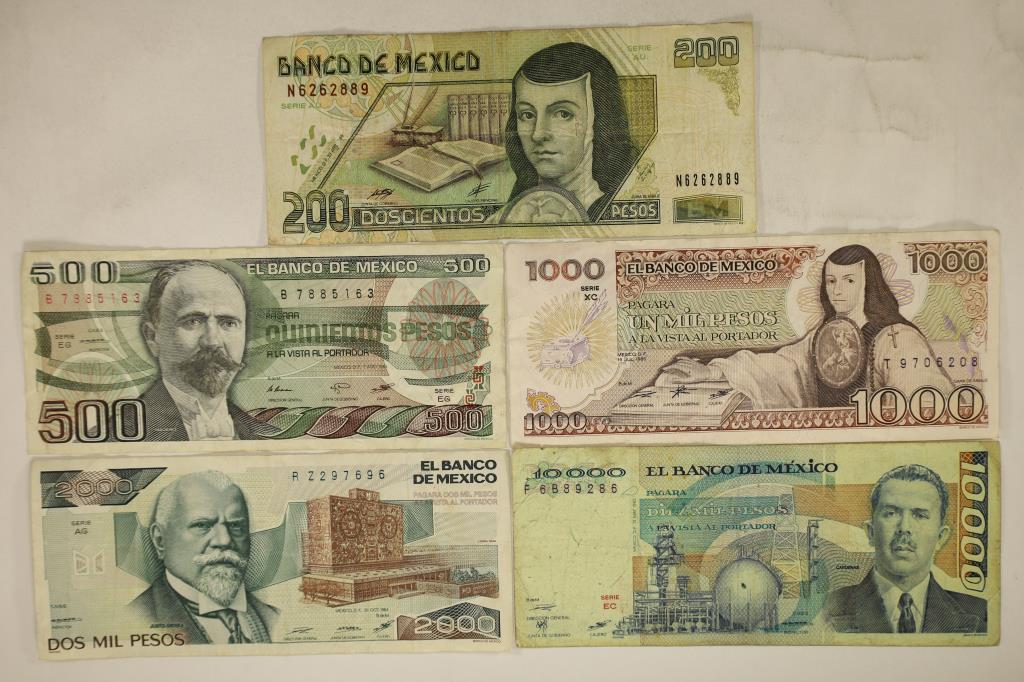 5-BANK OF MEXICO BILLS 1999-200 PESO, 1984-500: PESO, 1985-1000 PESO, 1984-2000 PESO AND 1983-10,000 PESO
