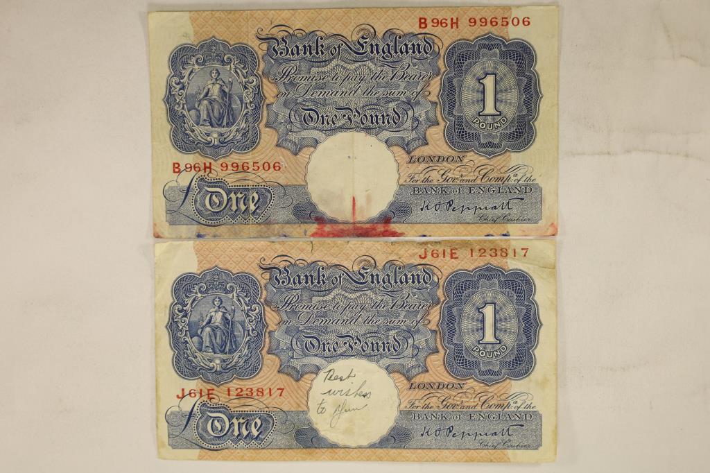 2-CIRCA WWII BANK OF ENGLAND 1 POUND BILLS, (1 of 2)