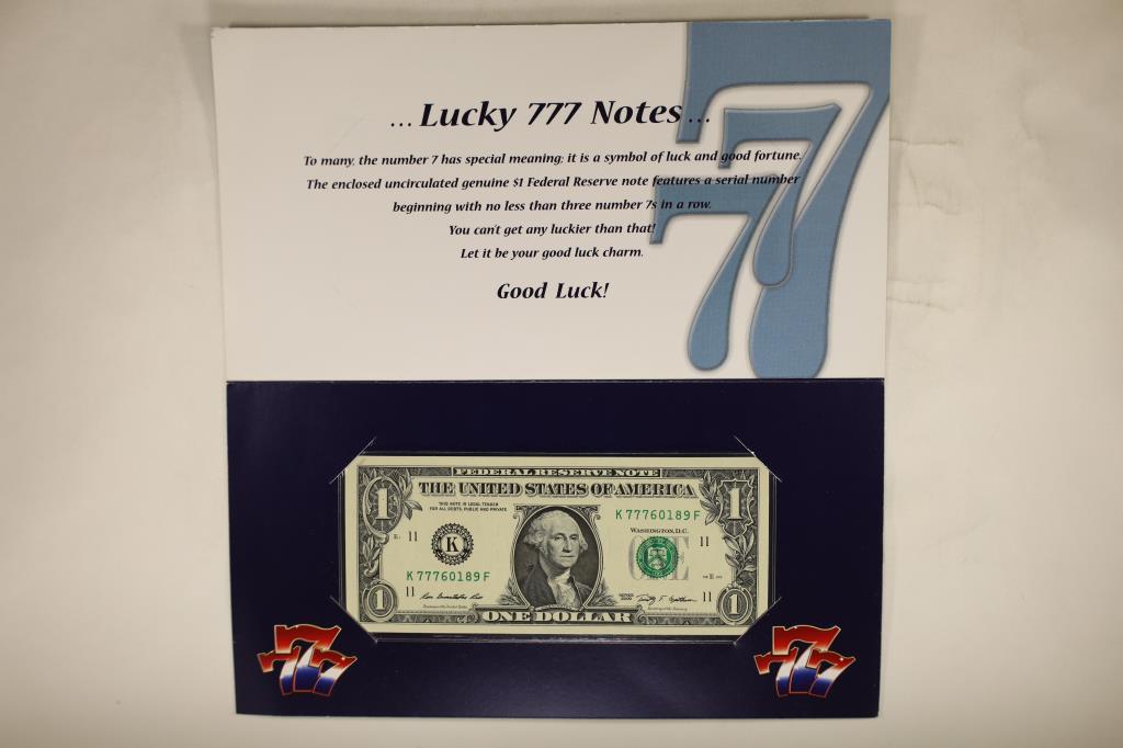LUCKY 7'S NOTE FEATURES A 2009 US $1 FRN SERIAL (1 of 4)